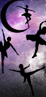 Ballet silhouettes dancing in a galaxy-themed wallpaper with a starry backdrop.