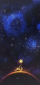 Mobile wallpaper with golden flower on a cosmic blue galaxy backdrop.