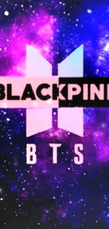 Galaxy wallpaper featuring BTS and BLACKPINK logos on a cosmic background.