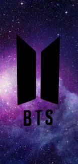 BTS logo set against a purple galaxy background with stars.