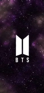 BTS logo on a cosmic purple galaxy background.