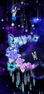 Galaxy purple wallpaper with butterflies and dreamcatcher.