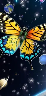 Colorful butterfly and planets in space fantasy wallpaper.