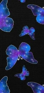 Galaxy-themed butterfly wallpaper with blue and purple hues on a black background.