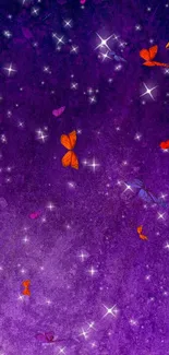 Purple galaxy wallpaper with butterflies and stars.