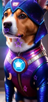 Superhero dog in galaxy-themed costume with vibrant colors.