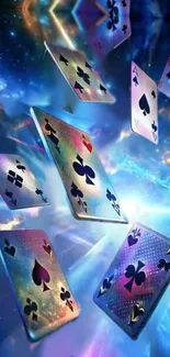 Floating playing cards in a galaxy background