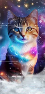 Galaxy-themed cat with vibrant cosmic colors.