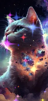 A mystical cat nests within a vibrant galaxy, surrounded by cosmic colors.