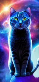 Blue cat with glowing eyes in a vibrant galaxy scene.