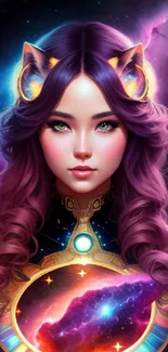 Fantasy wallpaper of a cosmic girl with cat ears and purple hues.