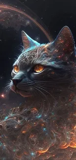 Fantasy art of a galaxy cat with glowing cosmic swirls.