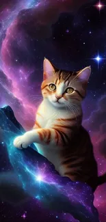 Fantasy cat in a galaxy setting with nebula and stars.