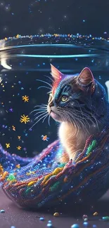 A cat in a jar with a galaxy theme, surrounded by stars and colorful elements.