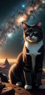 Cat in starry desert with galaxy background.