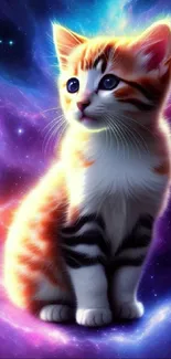 An orange kitten sits in a vibrant purple galaxy.