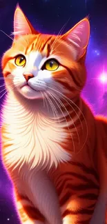 Illustrated orange cat against a starry galaxy background.