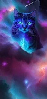 Galaxy cat in neon blue nebula, vibrant cosmic wallpaper.