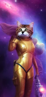 Cat in a futuristic space suit set against a vibrant galaxy backdrop.