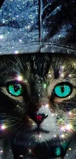 Enigmatic galaxy cat in a vibrant, sparkling hoodie.