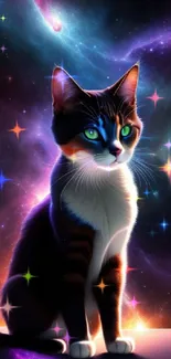 A majestic cat in a vibrant galaxy setting for mobile wallpaper.