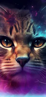 Cosmic cat face with galaxy colors in mobile wallpaper.