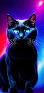 Mystical galaxy cat with vibrant blue hues on a cosmic background.