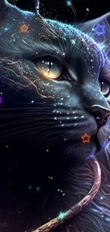 Galaxy-themed cat wallpaper with cosmic accents.