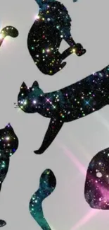 Galaxy cat silhouettes on gray background with starry details.