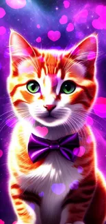 Cute cat with purple bow in galaxy background.