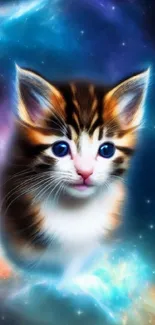 Enchanting galaxy cat wallpaper with a cute kitten in a cosmic setting.