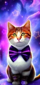 Galaxy-themed cat with purple bow tie in a cosmic setting.