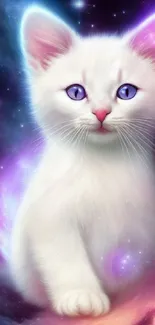 White cat with purple neon glow in a galaxy-themed wallpaper.