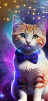 Cute cat with bow tie in a neon galaxy background.