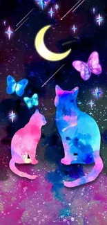 Colorful galaxy cats under a crescent moon with butterflies.