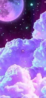 Purple galaxy wallpaper with moon, clouds, and stars for mobile background.