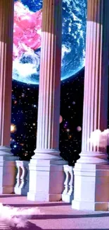 Fantasy galaxy wallpaper with columns and planets.