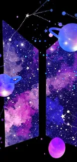 Vibrant cosmic galaxy with planets and stars in a dark space theme.