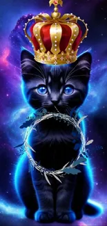 Galactic cat with crown against a purple space backdrop.