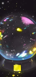 Galaxy-themed crystal ball with stars and vibrant colors on a black background.