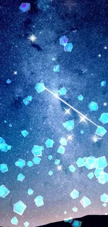 Galaxy night sky with glowing cubes and stars in a cosmic wallpaper design.