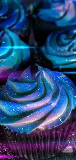 Vibrant galaxy-themed cupcakes with starry effects.