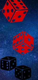 Red and black dice floating in a starry galaxy-themed wallpaper.