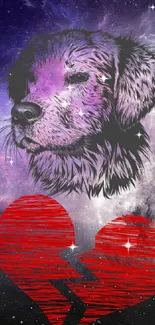 Sketch dog with red heart in galaxy wallpaper.