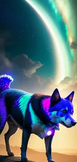 Neon-colored dog in a cosmic sunset landscape.