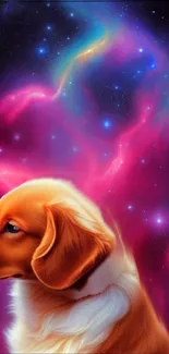 Adorable dog amidst a vibrant galaxy backdrop.