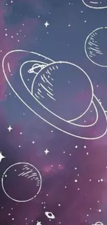 Purple galaxy wallpaper with doodle planets and stars.