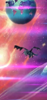 Dragon flying in a colorful galaxy with planets and stars.