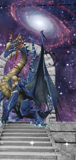 Majestic dragon on stone steps in cosmic galaxy scene.