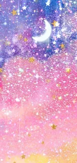 Dreamy galaxy wallpaper with pink clouds, gold stars, and crescent moon.